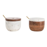 Marble and Acacia Wood Bowl with Lid and Brass Spoon, Set of 2