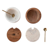 Marble and Acacia Wood Bowl with Lid and Brass Spoon, Set of 2