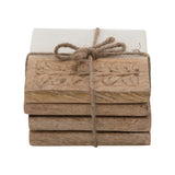 Square Hand-Carved Mango Wood & Marble Coasters w/ Engraved Design, White & Natural