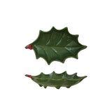 Hand-Painted Holly Leaf Shaped Footed Tray with Berries